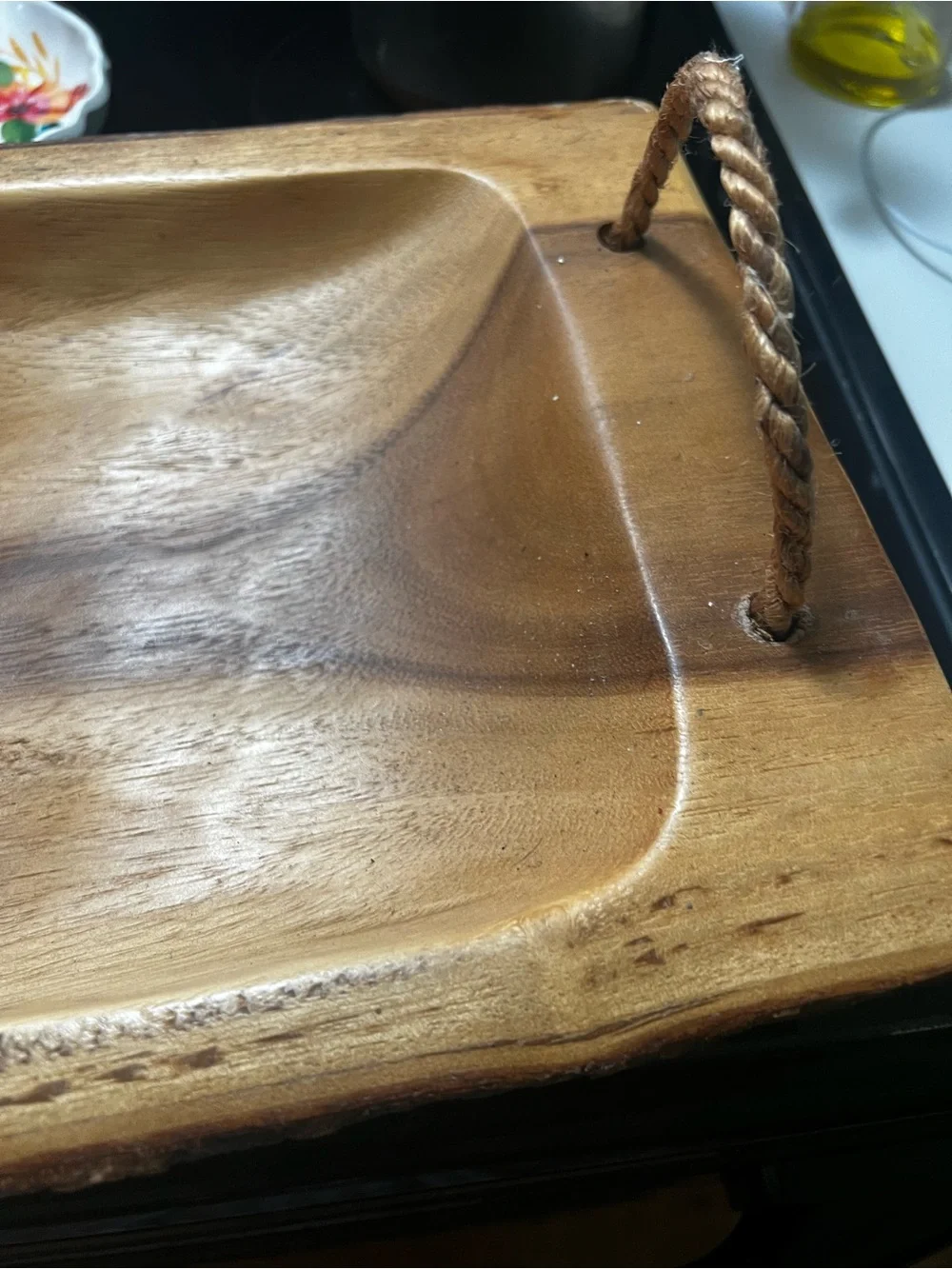Hand-Carved Wooden Serving Tray with Rope Handles - Brown